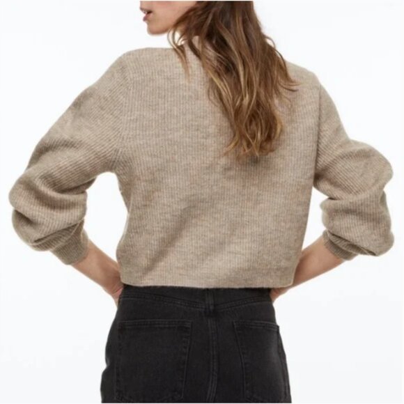 H&M Rhinestone Bow Cardigan Sweater Ribbed Beige Taupe Wool Blend Oversized XL - Picture 4 of 15